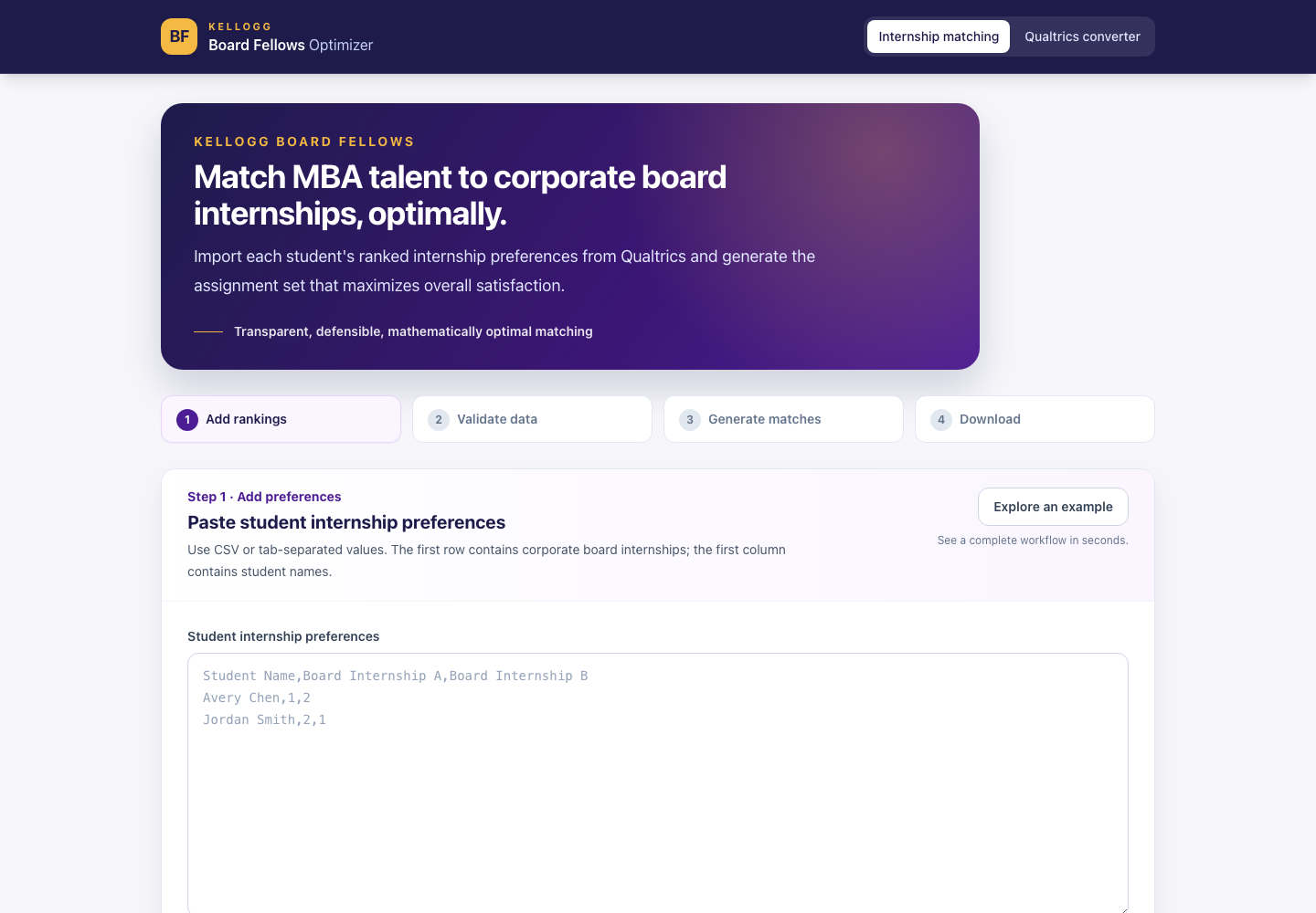 Kellogg Board Fellows Optimizer interface showing a four-step internship matching workflow.