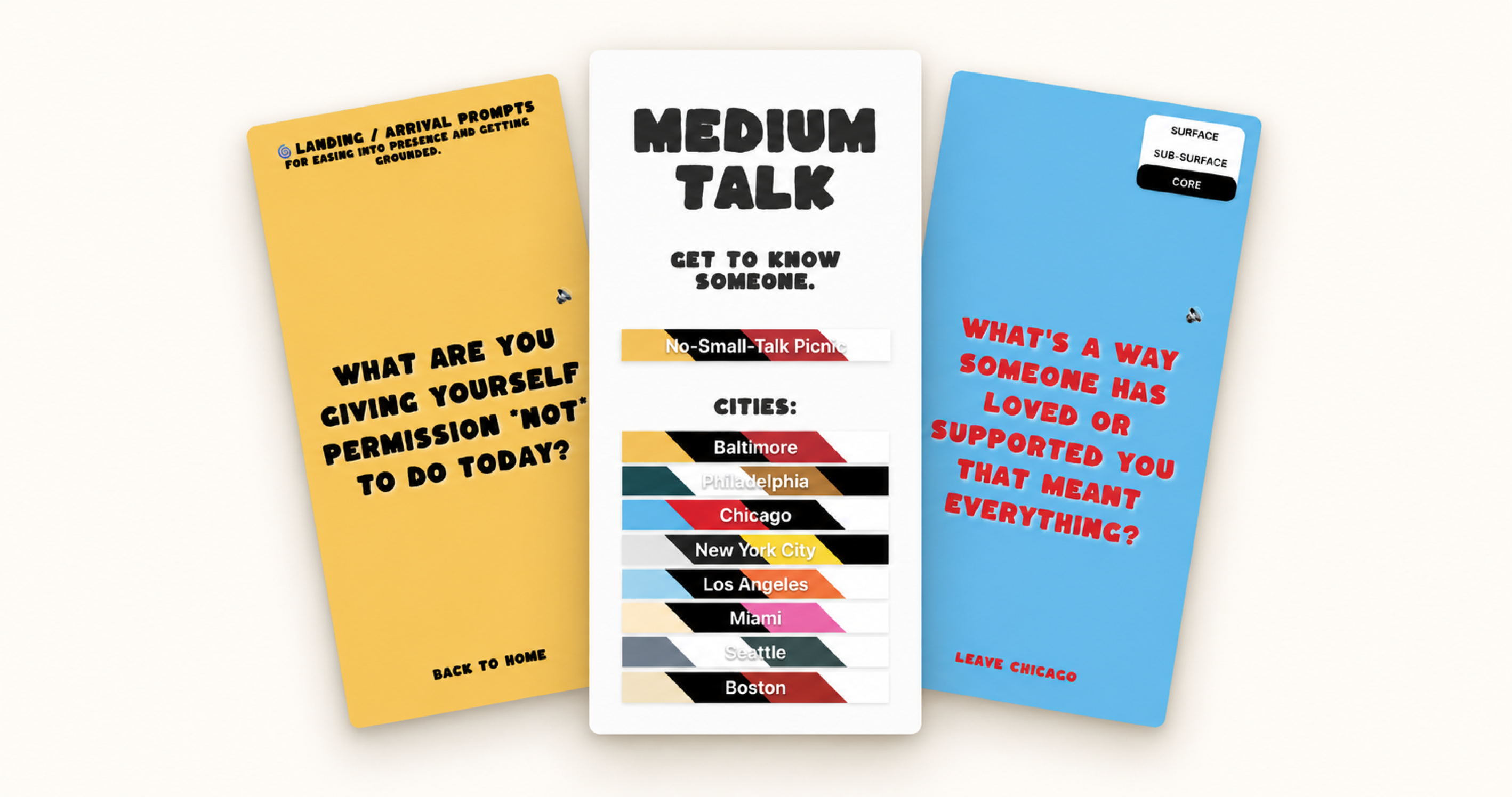 Three Medium Talk screens in an overlapping fan: a yellow picnic prompt on the left, the Medium Talk home screen centered in front, and a blue city prompt on the right.
