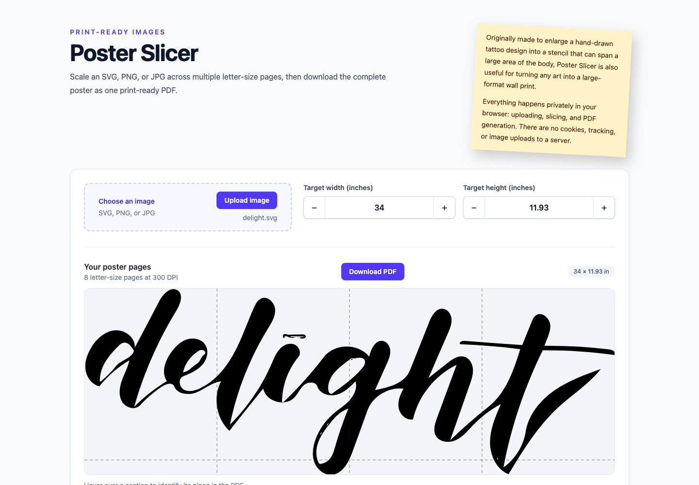 Poster Slicer interface with a large script image divided across a printable grid of pages.